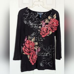 Karen Scott (Medium) Long Sleeve Tee/Top w/Floral Designs, Scripts & Sparkles